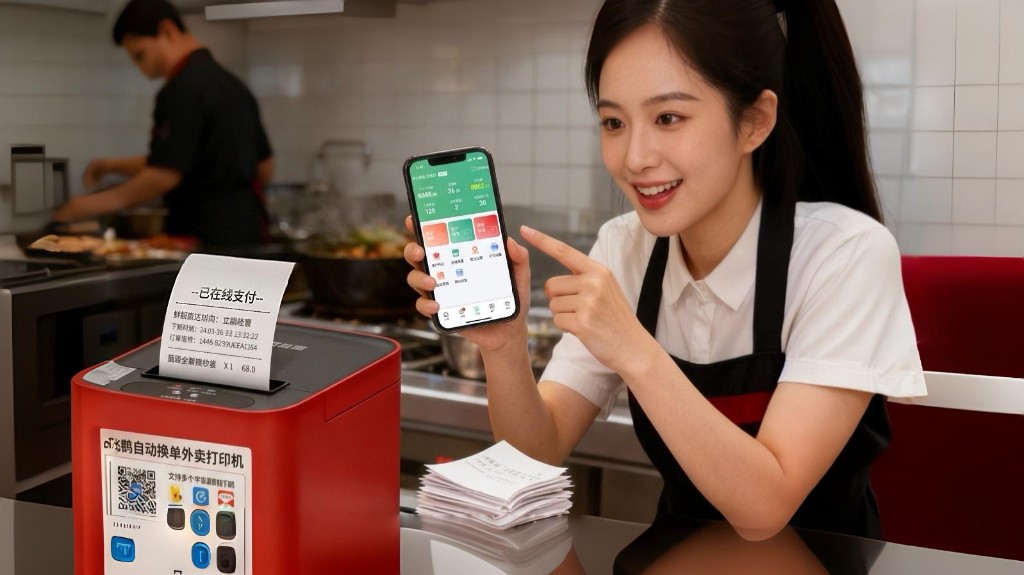 店员使用手机与外卖打印机，私域外卖系统实操场景