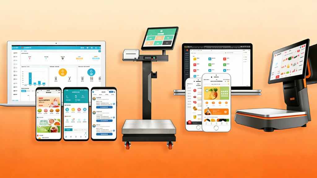 生鲜配送全场景硬件软件组合：电脑、手机、秤、POS 一体机