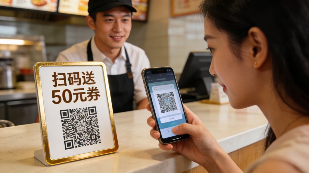 顾客在收银台扫码领50元券，堂食场景
